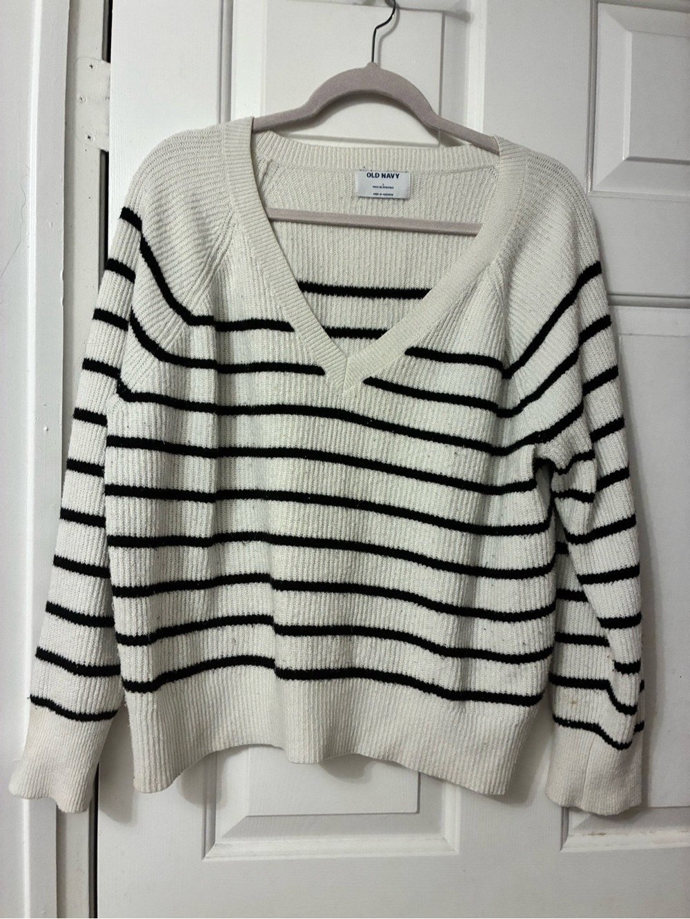 Old Navy Cream and Black Striped V-Neck Sweater